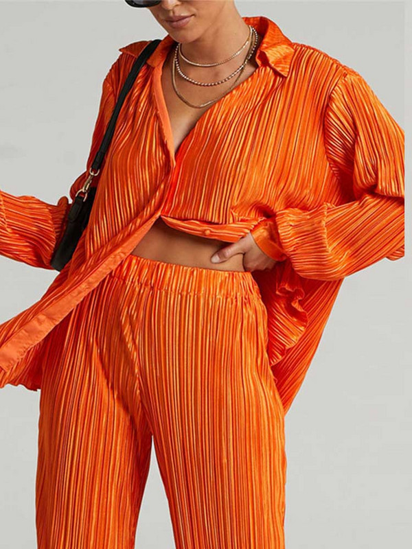 Ženska košulja Odijela Plisirani ženski kardigan s jednim kopčanjem Dvodijelne široke košulje i kompleti hlača visokog struka širokih nogavica