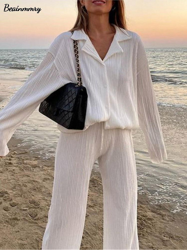 Ženska košulja Odijela Plisirani ženski kardigan s jednim kopčanjem Dvodijelne široke košulje i kompleti hlača visokog struka širokih nogavica