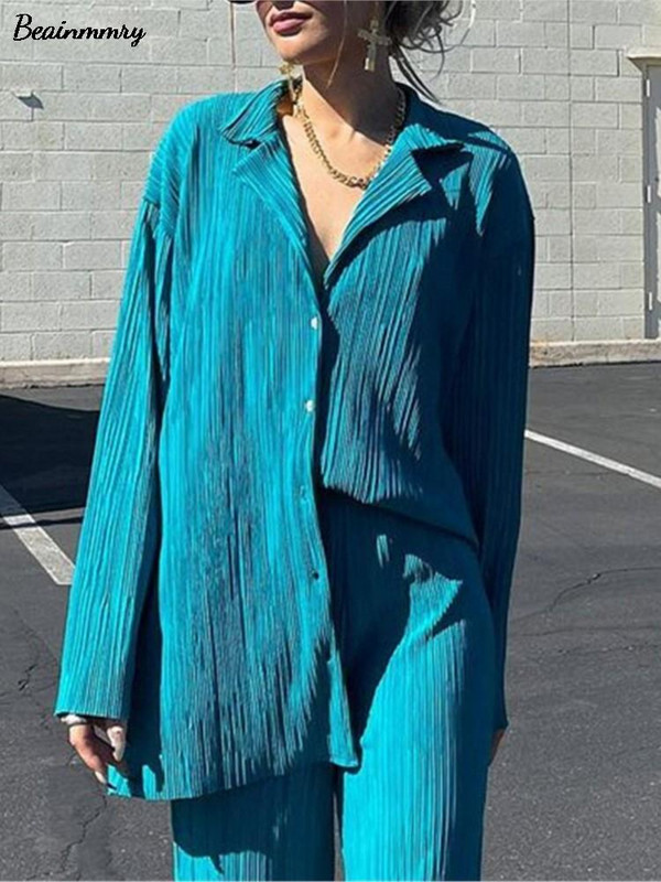 Ženska košulja Odijela Plisirani ženski kardigan s jednim kopčanjem Dvodijelne široke košulje i kompleti hlača visokog struka širokih nogavica