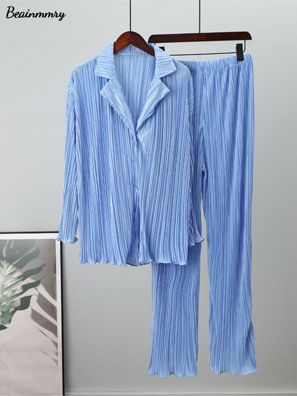 Ženska košulja Odijela Plisirani ženski kardigan s jednim kopčanjem Dvodijelne široke košulje i kompleti hlača visokog struka širokih nogavica