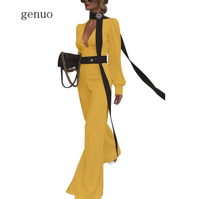 Salopetă cu temperament cu talie înaltă pentru femei, cu mânecă lungă, cu decolteu în V adânc, salopete casual, haine de modă pentru femei (fără centură)