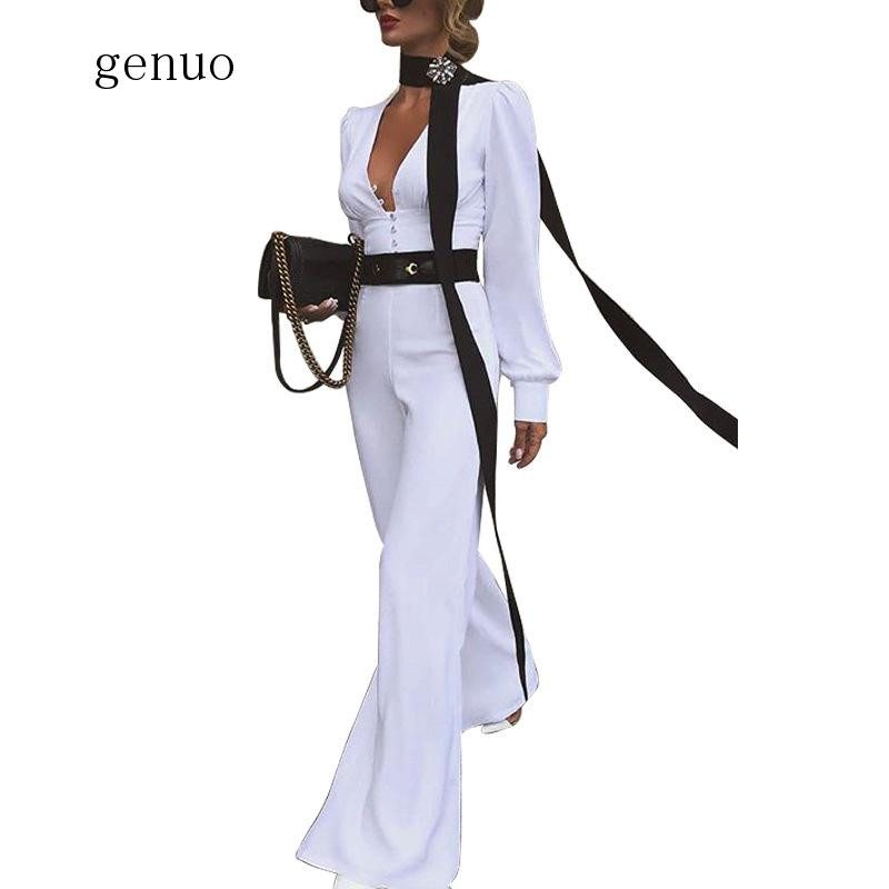 Salopetă cu temperament cu talie înaltă pentru femei, cu mânecă lungă, cu decolteu în V adânc, salopete casual, haine de modă pentru femei (fără centură)