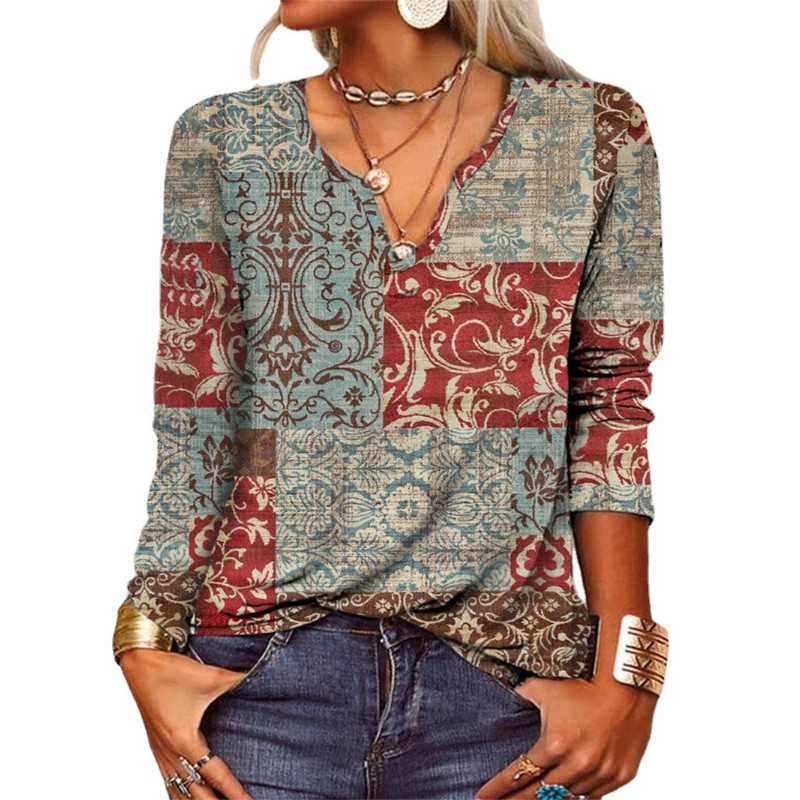 S-5XL Vintage pulover majica s V izrezom Ženska elegantna majica s opuštenim uličnim printom Dnevne osnovne majice s dugim rukavima Donji dio majice