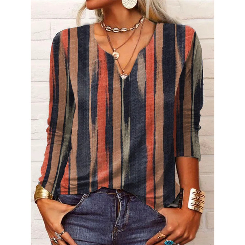 S-5XL Vintage pulover majica s V izrezom Ženska elegantna majica s opuštenim uličnim printom Dnevne osnovne majice s dugim rukavima Donji dio majice