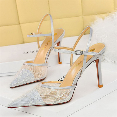 BIGTREE Sexy nočné klubové sandále Dámske tenké vysoké podpätky s plytkou špicatou hlavou, vydlabané sieťované čipkované jednoradové remienkové topánky