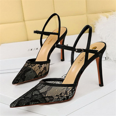 BIGTREE Sexy nočné klubové sandále Dámske tenké vysoké podpätky s plytkou špicatou hlavou, vydlabané sieťované čipkované jednoradové remienkové topánky