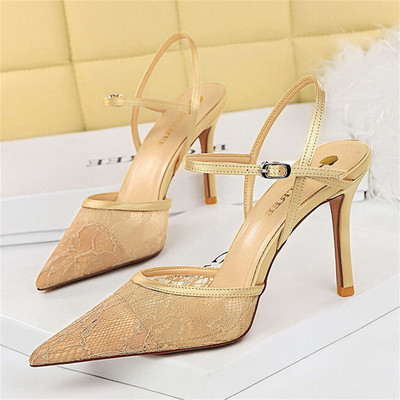 BIGTREE Sexy nočné klubové sandále Dámske tenké vysoké podpätky s plytkou špicatou hlavou, vydlabané sieťované čipkované jednoradové remienkové topánky