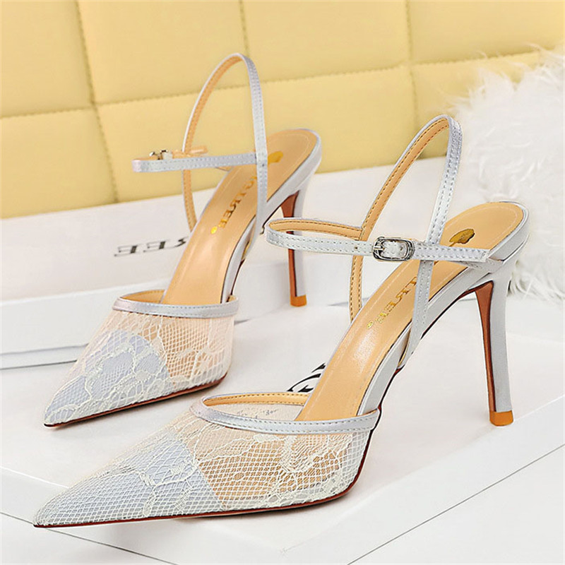 BIGTREE Sexy nočné klubové sandále Dámske tenké vysoké podpätky s plytkou špicatou hlavou, vydlabané sieťované čipkované jednoradové remienkové topánky