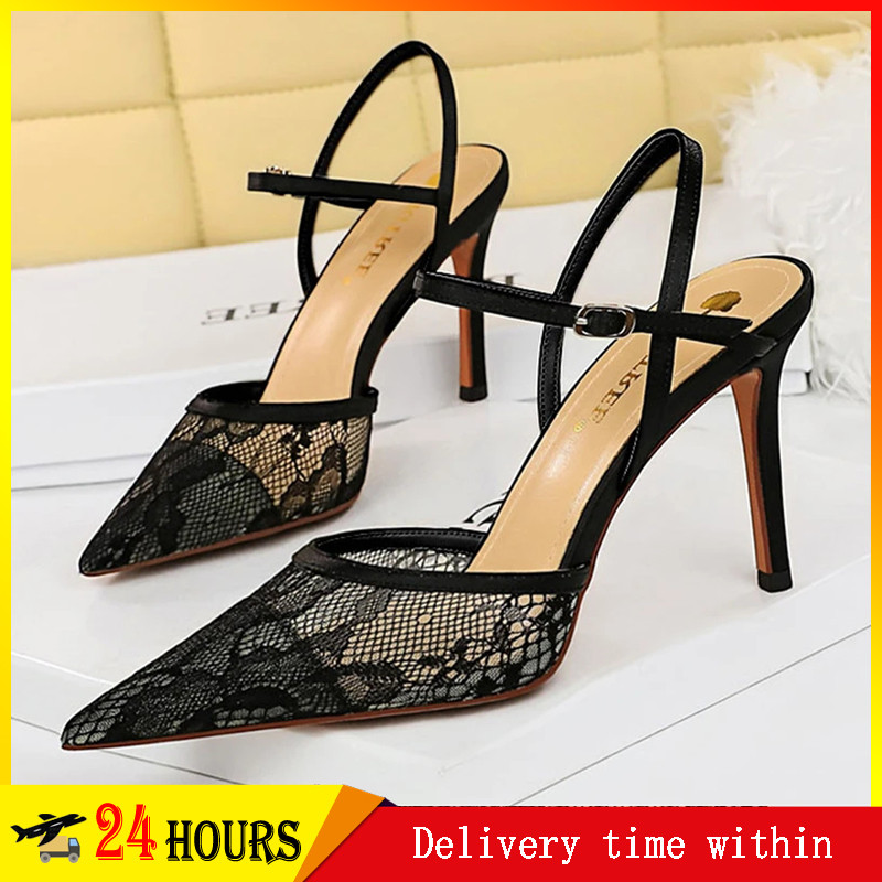 BIGTREE Sexy nočné klubové sandále Dámske tenké vysoké podpätky s plytkou špicatou hlavou, vydlabané sieťované čipkované jednoradové remienkové topánky