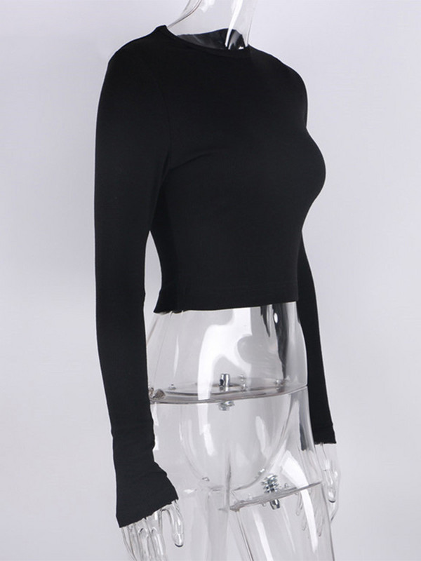 Košulja dugih rukava s O izrezom Ženske rebraste seksi skraćene majice 2023. Proljetne crne ležerne uske uske osnovne ženske majice Bijele