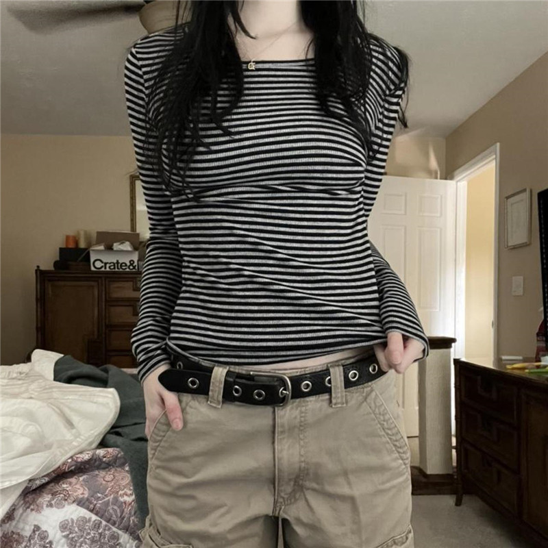 Xingqing Vintage estetski prugasti top Grunge Fairycore Ležerna majica dugih rukava y2k Ženska odjeća Jesenska ulična majica iz 2000-ih
