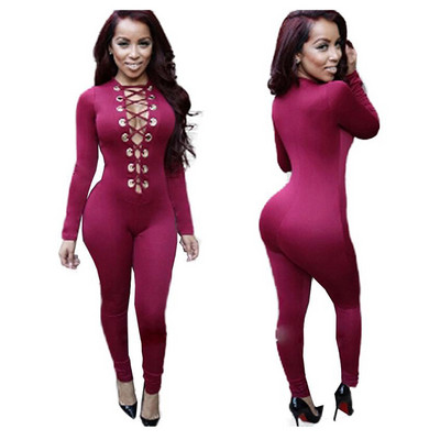 Mély V nyakú, fűzős jumpsuit Sexy Bodycon Wear hosszú ujjú divatos body nőies nadrágos női jumpsuit