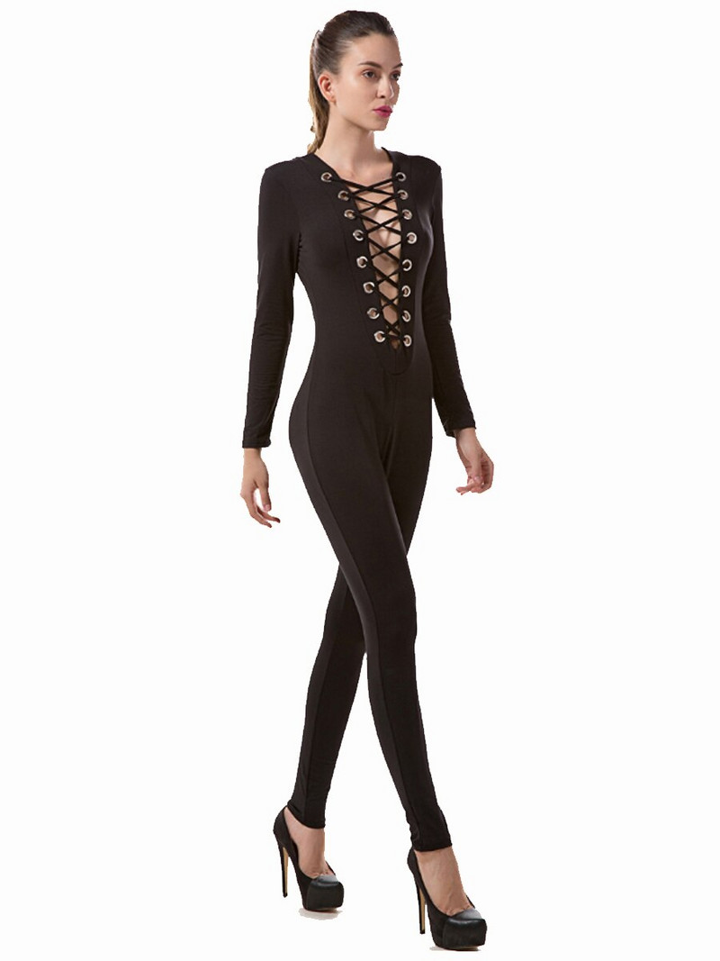 Dámsky overal s hlbokým výstrihom do V, sexy priliehavý overal s dlhým rukávom a šnurovaním