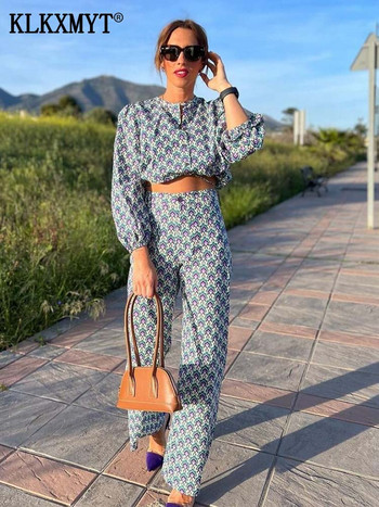 Σετ παντελονιών TRAF Woman 2 Pieces 2023 New Fashion print μπλούζες + ίσιο παντελόνι Casual σετ δύο τεμαχίων Γυναικείο κοστούμι