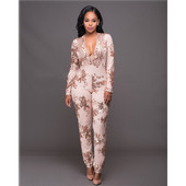 Kombinezon sa šljokicama Ženski kombinezoni s dubokim V izrezom i dugim rukavima Seksi kombinezoni s mrežastim patchworkom, ženske svjetlucave klupske kombinezone za zabave