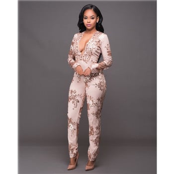 Sequin Jumpsuit Γυναικείες φόρμες με βαθύ V λαιμόκοψη Μακρυμάνικο Bodycon Ολόσωμες φόρμες Sexy mesh Patchwork Rompers γυναικείες φόρμες Glitter Club Party