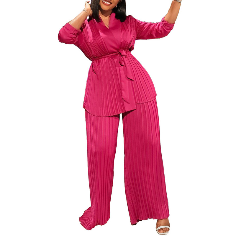 Letná móda voľná skladaná dvojdielna súprava afrických žien elegantná OL šnurovacia košeľa so širokými nohavicami skladaná dvojdielna súprava žien