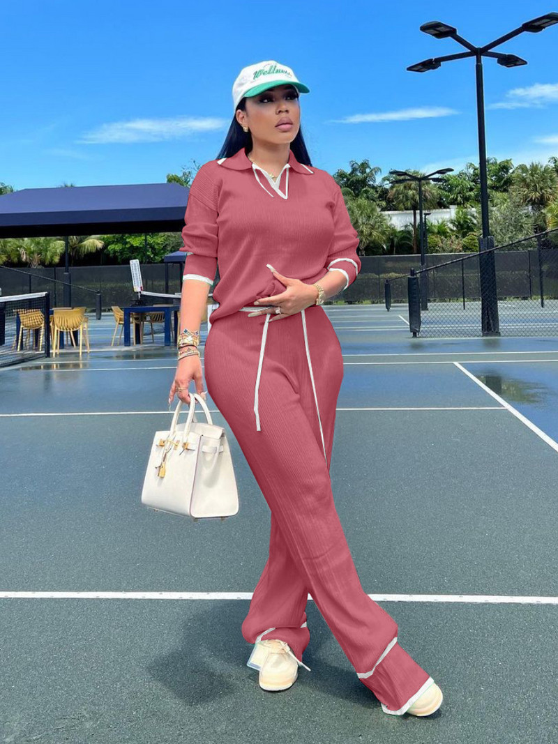 Módne ležérne pletené nohavice so širokými nohavicami z roku 2023, dvojdielna súprava, dámsky sveter s dlhým rukávom a klopou, top a nohavice, voľná tepláková súprava