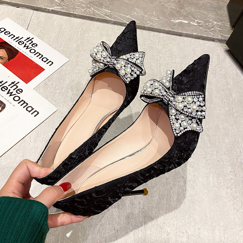 Rimocy Dámske sexy jehlové opätky, perlové svadobné topánky, tenké vysoké podpätky pre nevesty, biele lodičky, dámske topánky so špicatou špičkou, spoločenské topánky 2022