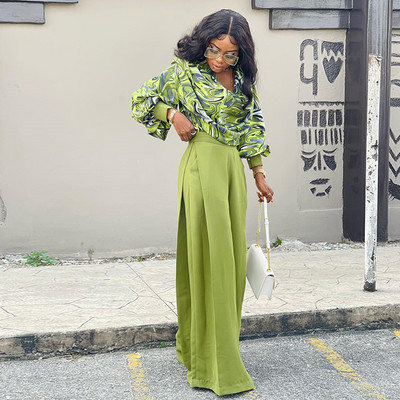 Set 2 piese cu imprimeu casual pentru femei, tinuta africana, 2 piese, cu volane, cu volane, cu croiala larga, cu pantaloni lati, costum pentru femei, pentru petrecere.