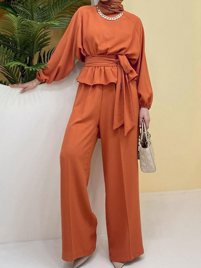 Szaúd-arab 2 részes szett Djellaba muszlim szettek ruha elasztikus mandzsetta muszlim öltöny hosszú női szerény viselet EID szettek muszulmán együttesek