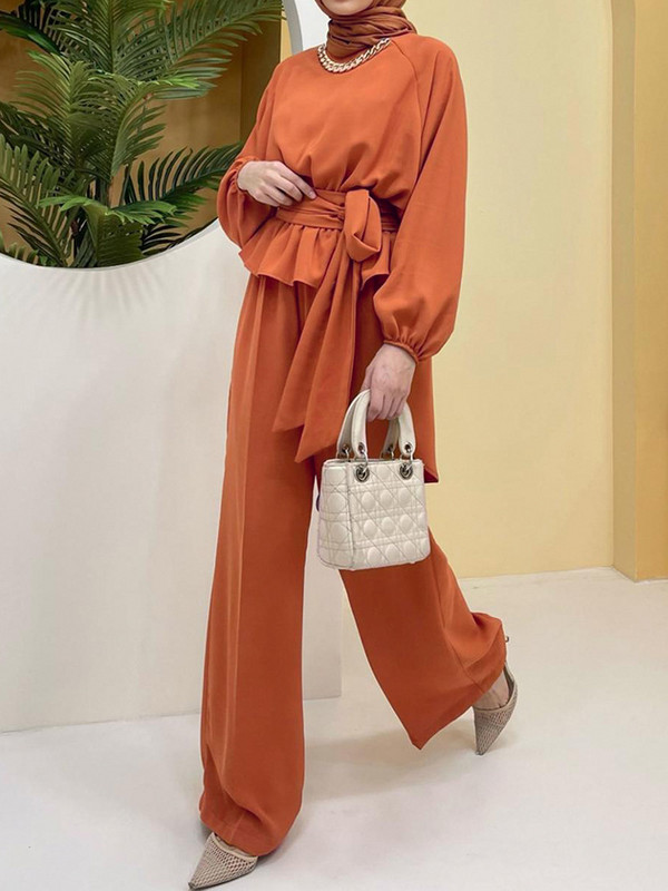 Szaúd-arab 2 részes szett Djellaba muszlim szettek ruha elasztikus mandzsetta muszlim öltöny hosszú női szerény viselet EID szettek muszulmán együttesek