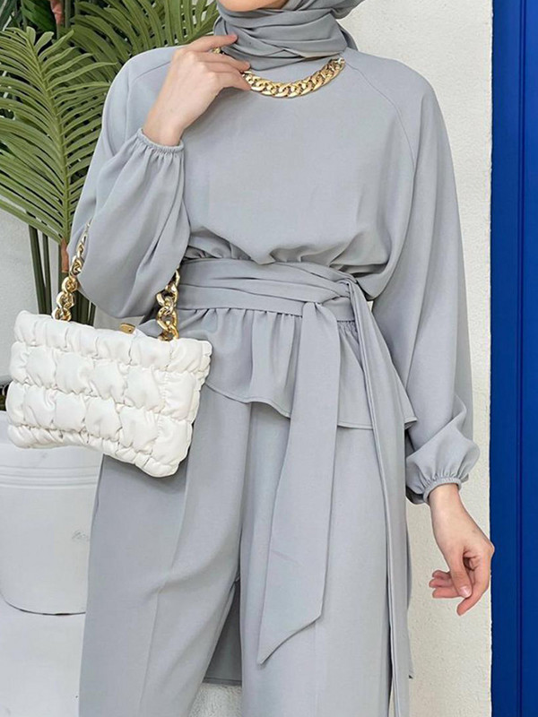 Szaúd-arab 2 részes szett Djellaba muszlim szettek ruha elasztikus mandzsetta muszlim öltöny hosszú női szerény viselet EID szettek muszulmán együttesek