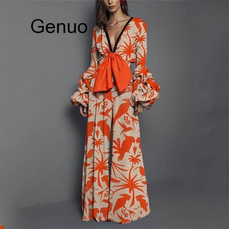 Salopete de plajă de vară cu mâneci lungi pentru femei de modă Salopete cu mânecă lanternă cu imprimeu Sexy cu decolteu în V Boho cu picioare largi