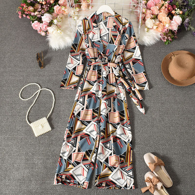 2021 Nou șic salopete cu mânecă lungă pentru femei cu picior lat Salopete elegante cu imprimeuri florale pentru femei, cu centură în V, ținută