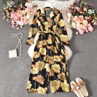 2021 Nou șic salopete cu mânecă lungă pentru femei cu picior lat Salopete elegante cu imprimeuri florale pentru femei, cu centură în V, ținută