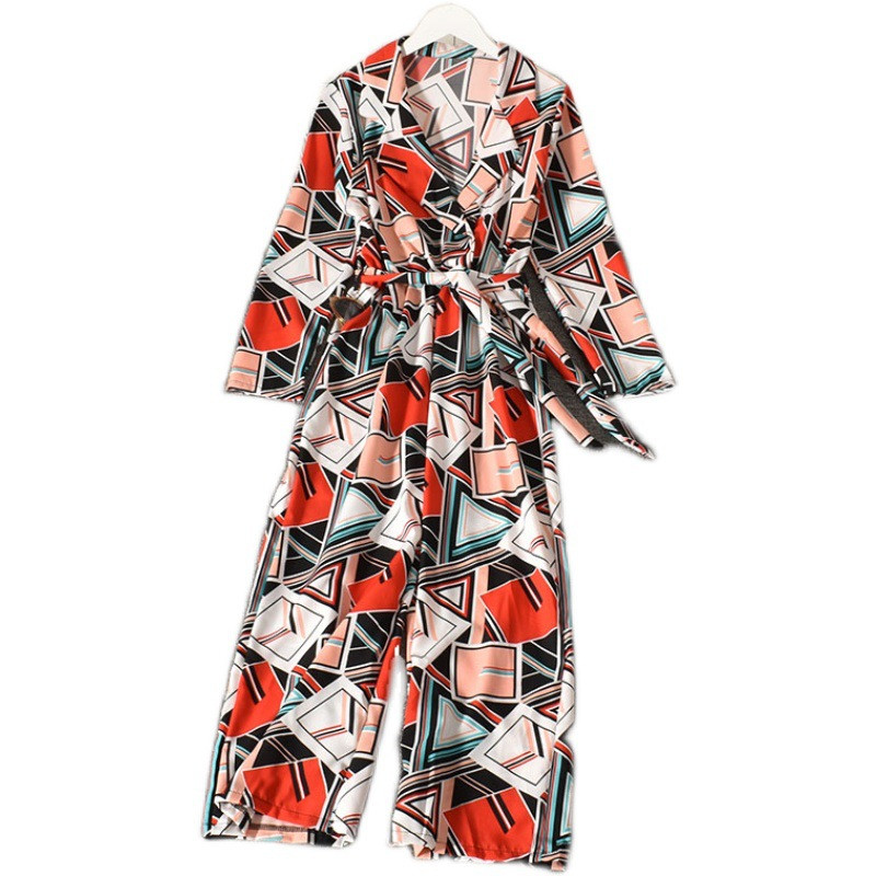 2021 Nou șic salopete cu mânecă lungă pentru femei cu picior lat Salopete elegante cu imprimeuri florale pentru femei, cu centură în V, ținută