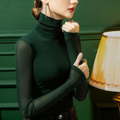 Dámske módne nové sieťované tričko S-4XL Základné tričko s vysokým výstrihom a dlhým rukávom, dámske tenké strečové topy s nízkym výstrihom, sexi tričká s kapucňou