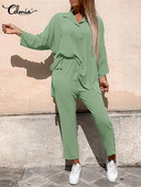 Celmia ležérne jednofarebné 2-dielne zladené súpravy dámskych topov s dlhým rukávom a dlhých nohavíc s elastickým pásom, sviatočné jesenné nohavicové kostýmy