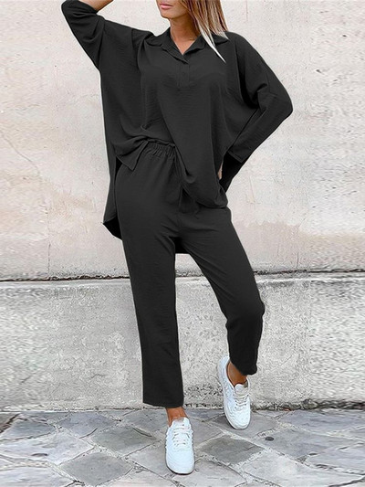 Celmia ležérne jednofarebné 2-dielne zladené súpravy dámskych topov s dlhým rukávom a dlhých nohavíc s elastickým pásom, sviatočné jesenné nohavicové kostýmy