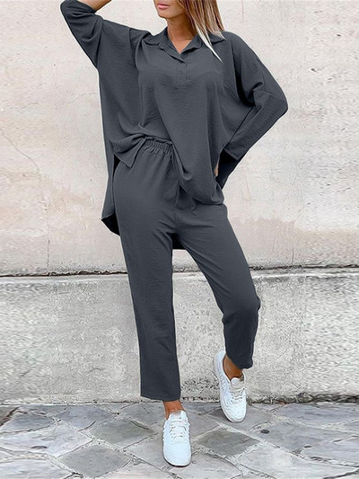 Celmia ležérne jednofarebné 2-dielne zladené súpravy dámskych topov s dlhým rukávom a dlhých nohavíc s elastickým pásom, sviatočné jesenné nohavicové kostýmy