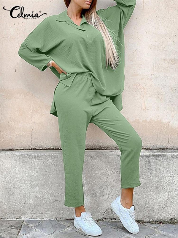 Celmia ležérne jednofarebné 2-dielne zladené súpravy dámskych topov s dlhým rukávom a dlhých nohavíc s elastickým pásom, sviatočné jesenné nohavicové kostýmy