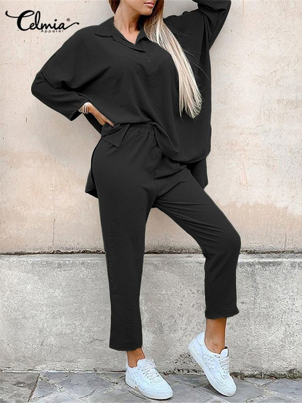 Celmia ležérne jednofarebné 2-dielne zladené súpravy dámskych topov s dlhým rukávom a dlhých nohavíc s elastickým pásom, sviatočné jesenné nohavicové kostýmy