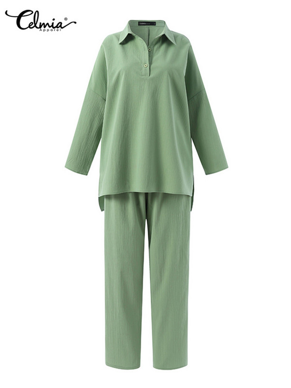 Celmia ležérne jednofarebné 2-dielne zladené súpravy dámskych topov s dlhým rukávom a dlhých nohavíc s elastickým pásom, sviatočné jesenné nohavicové kostýmy
