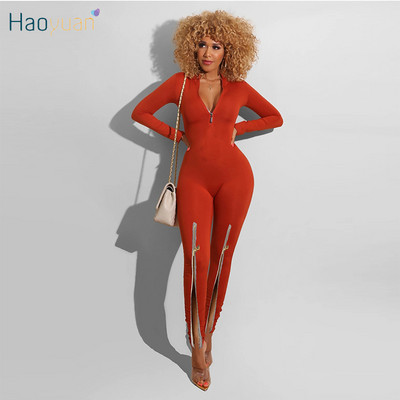 HAOYUAN szexi Bodycon Jumpsuit hosszú ujjú Body Női Divatos ruházat őszi utcai viselethez, oldalra osztott egyrészes klubruhák