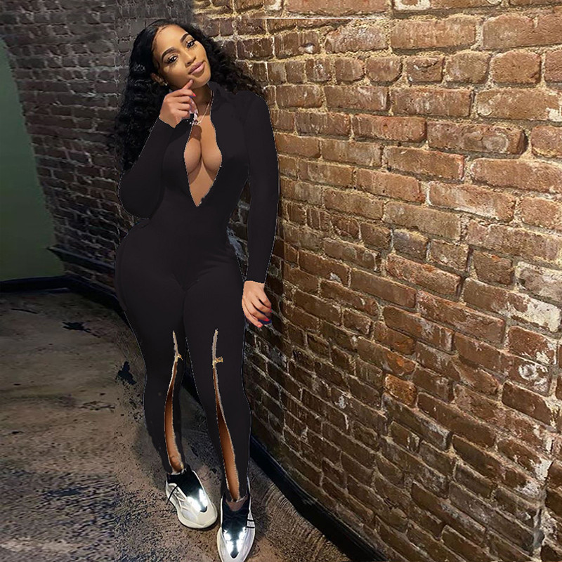 HAOYUAN Sexy Bodycon Salopetă Body cu mânecă lungă Îmbrăcăminte de modă pentru femei pentru toamnă Streetwear Side Split One Piece Club Outfits