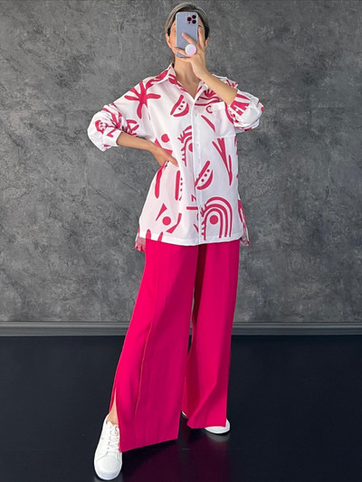 Seturi de pantaloni 2023, vară, top cu mâneci lungi, cămașă imprimată, cu talie înaltă, cu despărțire laterală, pantaloni largi, modă LOOSE, seturi elegante pentru femei