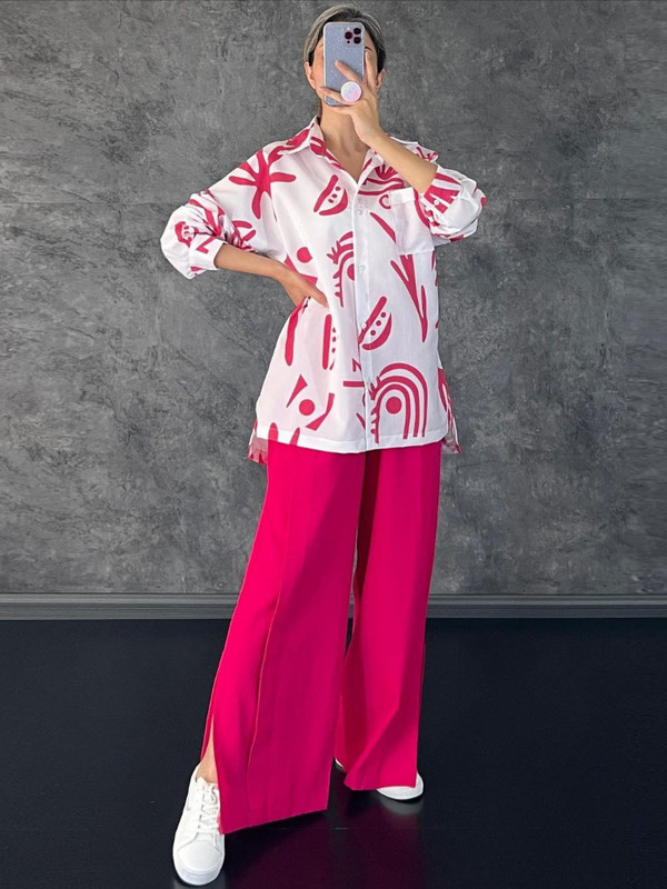 Seturi de pantaloni 2023, vară, top cu mâneci lungi, cămașă imprimată, cu talie înaltă, cu despărțire laterală, pantaloni largi, modă LOOSE, seturi elegante pentru femei