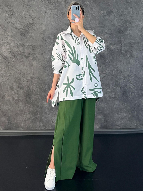 Seturi de pantaloni 2023, vară, top cu mâneci lungi, cămașă imprimată, cu talie înaltă, cu despărțire laterală, pantaloni largi, modă LOOSE, seturi elegante pentru femei