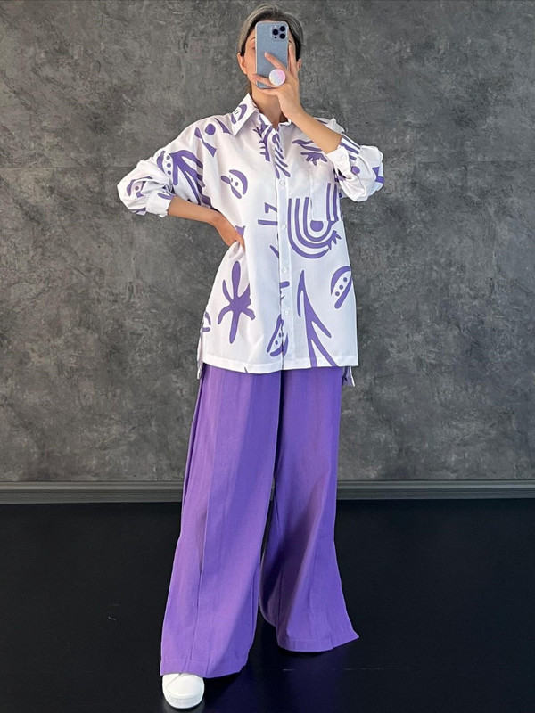 Seturi de pantaloni 2023, vară, top cu mâneci lungi, cămașă imprimată, cu talie înaltă, cu despărțire laterală, pantaloni largi, modă LOOSE, seturi elegante pentru femei