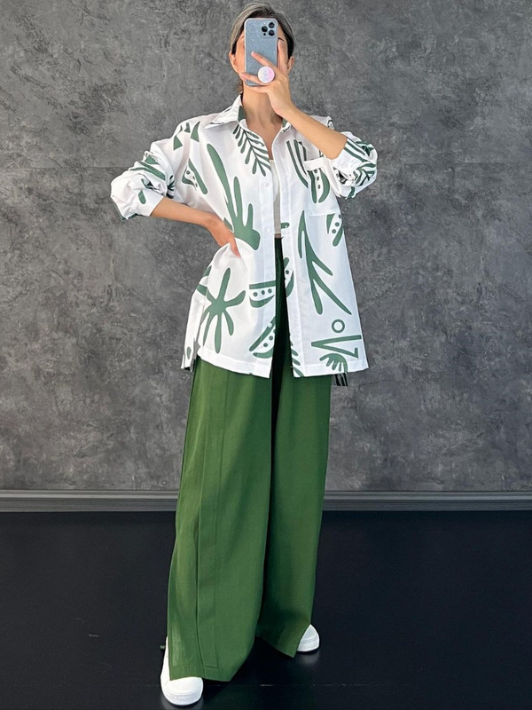 Seturi de pantaloni 2023, vară, top cu mâneci lungi, cămașă imprimată, cu talie înaltă, cu despărțire laterală, pantaloni largi, modă LOOSE, seturi elegante pentru femei