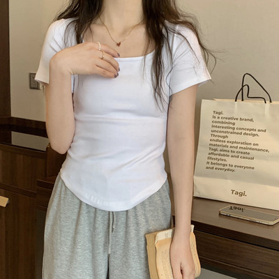 Ženska majica dugih rukava s četvrtastim izrezom, proljeće i jesen, novi, nepravilni porub, uske ležerne gornje donje majice za djevojke