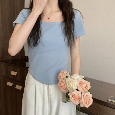 Ženska majica dugih rukava s četvrtastim izrezom, proljeće i jesen, novi, nepravilni porub, uske ležerne gornje donje majice za djevojke