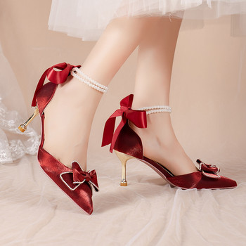 Помпи с перлена каишка около глезена Дамски луксозни червени танцови обувки с панделка Дамски секси дамски обувки с остър пръст, кадифени високи токчета Sapatos Femininos