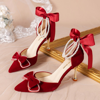 Помпи с перлена каишка около глезена Дамски луксозни червени танцови обувки с панделка Дамски секси дамски обувки с остър пръст, кадифени високи токчета Sapatos Femininos