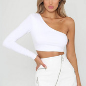 CDJLFH Sexy One Shoulder Crop Top T-särk Naiste diagonaalkraega pikkade varrukatega T-särk Casual Basic White Slim Fit Bodycon Tees Tops